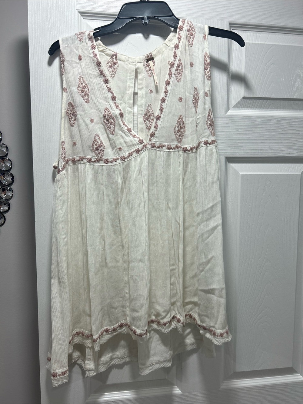 Free People Cream & Dusty Rose Embroidered Boho Tank